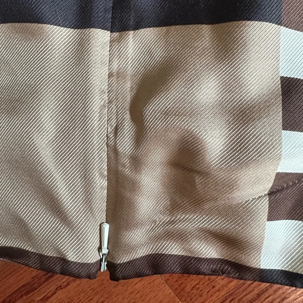 Tory Burch High Neck Neutral Striped Checkered Pleated 100% Silk Modest Size 6